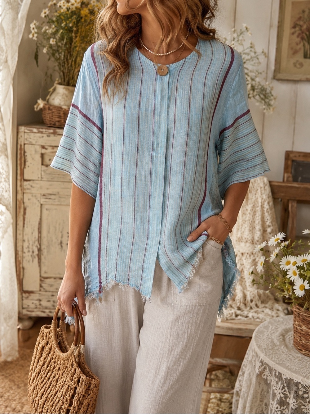 Studio M Light Blue Striped Button-Neck Tunic